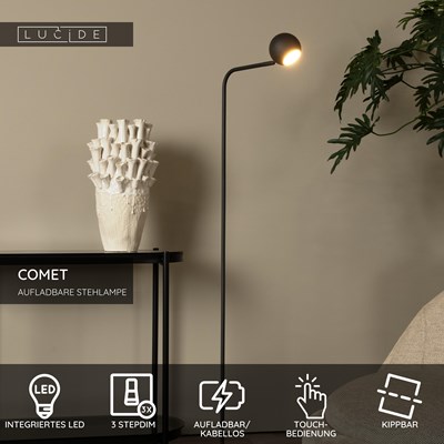 Lucide COMET - wiederaufladbare Stehlampe - Akku/Batterie - LED 3 StepDim - 1x3W 2700K - Schwarz